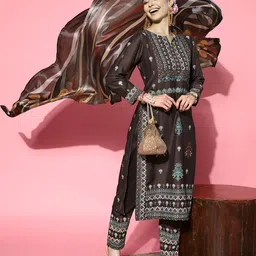 Libas Brown & Blue Ethnic Moifs Print Kurta with Trousers & Dupatta-35