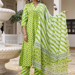 Anouk Green Geometric Printed Pure Cotton Anarkali Kurta With Trouser & Dupatta image 2