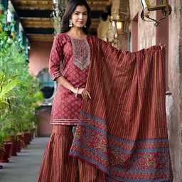 Yufta Floral Printed Regular Sequinned Pure Cotton Kurta With Sharara & Dupatta-19