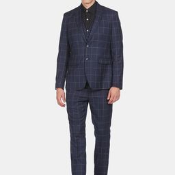 Arrow Men Navy Blue Checked Single-Breasted Three-Piece Formal Suit-image-49