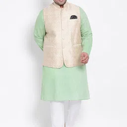Hangup Men Green Raw Silk Kurta with Pyjamas & Nehru Jacket Set image 1