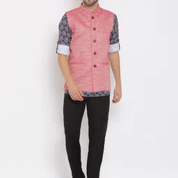 Hangup Men Ethnic Motifs Printed Linen Kurta with Trousers Nehru jacket-18