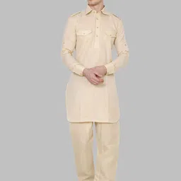 ROYAL KURTA Men Beige Solid Cotton Blend Pathani Kurta with Pyjamas-image-70