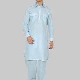ROYAL KURTA Men Blue Solid Shirt Collar Pathani Kurta With Salwar-image-14