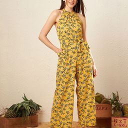 KASSUALLY Yellow & Green Halter Neck Printed Basic Jumpsuit-image-85