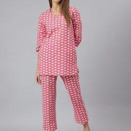 JAIPUR ATTIRE Women Pink & Off White Cotton Printed Night Suit-picture-36