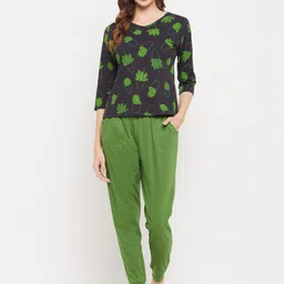 Clovia Women Pure Cotton Cactus Print Top in Black & Chic Basic Joggers-image-44