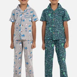 Growing Tree Unisex Kids Grey & Green Printed Night suit-16