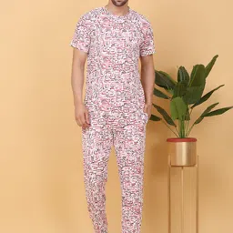 Sweet Dreams Pink & White Abstract Printed Round Neck Night suit-image-33