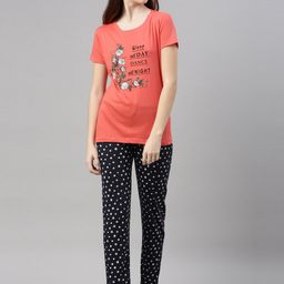 Kryptic Women Coral & White Printed Night suit-6
