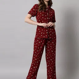 SEPHANI Women Maroon & White Printed Cotton Night suit-image-115