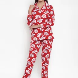 Claura Women Red & Off White Printed Cotton Blend Night suit-image-78