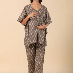 Ikk Kudi by Seerat Floral Printed V-Neck Pure Cotton Maternity Night suit-picture-8