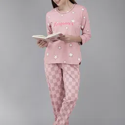Zeyo Women Dusty Pink & White Printed Night suit-56