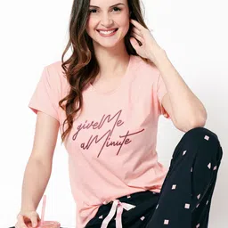 Zeyo Women Peach-Coloured & Navy Blue Printed Night suit-image-88