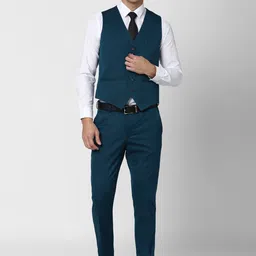 Peter England Elite Men Green Self Design Slim Fit Single Breasted 3 Piece Formal Suit-image-26