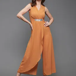 Miss Chase Orange V-Neck Sleeveless Embellished Basic Jumpsuit-41
