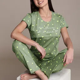 beebelle Women Olive Green Printed Feeding Night Suit-image-47
