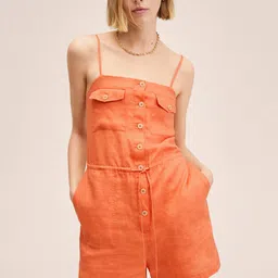 MANGO Rust Orange Solid Linen Basic Jumpsuit-picture-19