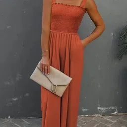 StyleCast Rust Shoulder Straps Smocked Basic Jumpsuit-picture-0