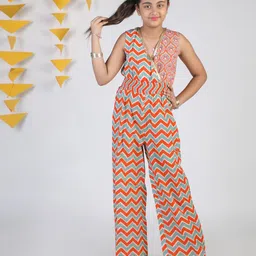 Budding Bees Girls Geometric Printed V-Neck Embellished Detailed Cotton Jumpsuit-image-87
