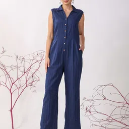 JISORA Spread Collar Gathers Cotton Basic Jumpsuit-14