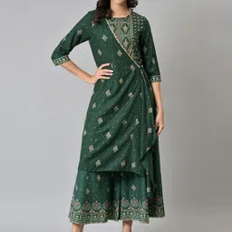 W Women Green Glitter Printed Angrakha Jumpsuit-22