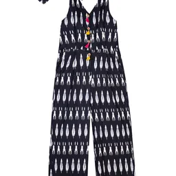 Budding Bees Girls Black & White Printed Jumpsuit With Matching Scrunchie-image-87