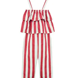 A T U N Girls Cotton Red & White Striped Basic Layered Jumpsuit-picture-2