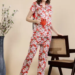 FABINALIV Floral Printed Lapel Collar Night suit-image-96