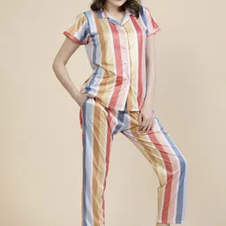 FABINALIV Striped Lapel Collar Night suit-15