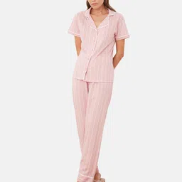 Trendyol Striped Lapel Collar Night Suit-image-87