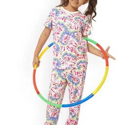 frangipani Girls Blue & Pink Tie & Dye Printed Pure Cotton Night Suit-image-56