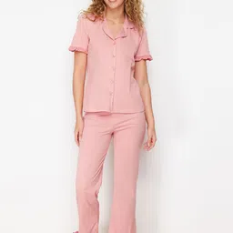 Trendyol Lapel Collar Pure Cotton Night suit-picture-24