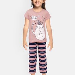 Eimoie Girls Peach & Blue Printed Pure Cotton Night suit-image-24
