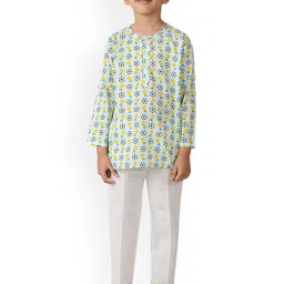 frangipani Unisex Kids Teal & White Printed Pure Cotton Night suit-image-78