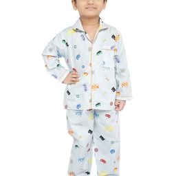 Knitting Doodles Kids White & Blue Printed Pure Cotton Night suit-picture-37