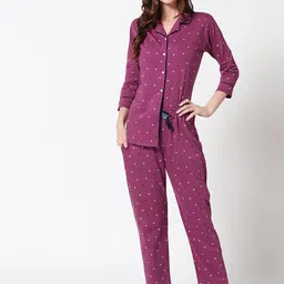 Zeyo Women Purple & White Printed Pure Cotton Night suit-picture-15