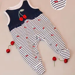 MiArcus Girls White & Black Striped Round Neck Cotton Sleepsuit-39