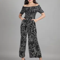 DEBONATELLA Women Black & White Floral Printed Off-Shoulder Capri Jumpsuit-image-3