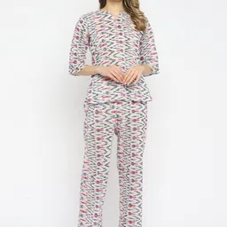 shopbloom Women White & Pink Printed Pure Cotton Night suit-image-25