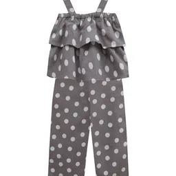 A.T.U.N. Girls Brown & White Linen Polka Dot Printed Basic Jumpsuit with Ruffles-image-32
