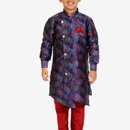 Pro-Ethic STYLE DEVELOPER Boys Navy Blue Floral Printed Angrakha Pure Silk Kurta with Pyjamas-89