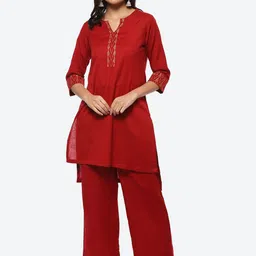 Biba Notched Neck High-Low Hem Kurta With Palazzos-picture-19