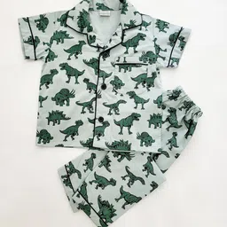 Freesia Array Kids Conversational Printed Lapel Collar Pure Cotton Shirt With Pyjamas-image-46