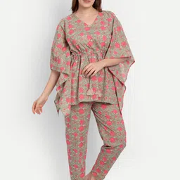githaan Women Floral Printed Pure Cotton Kaftan Night Suit-image-52