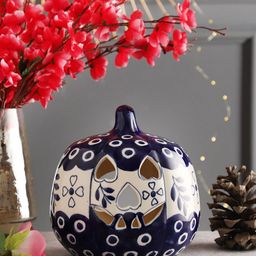 MIAH Decor Navy Blue & Off-White Fine Porcelain Pumpkin Candle Holder-image-26
