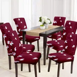 Cortina Maroon & White 6 Pieces Printed Super Stretchable Chair Covers-image-29