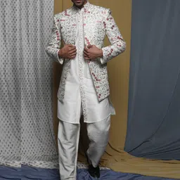 Krishna Mehta Floral Embroidered Pure Cotton Sherwani Set-image-44