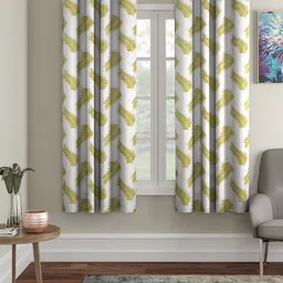 Cortina Olive Green & White 2 Pieces Leaves Printed Window Curtains-13